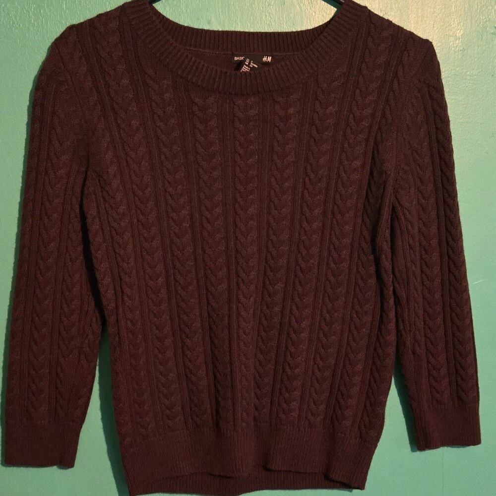 H&M Basic Dark Purple Scoop Neck Long Sleeve Cable Knit Sweater Women's Size S